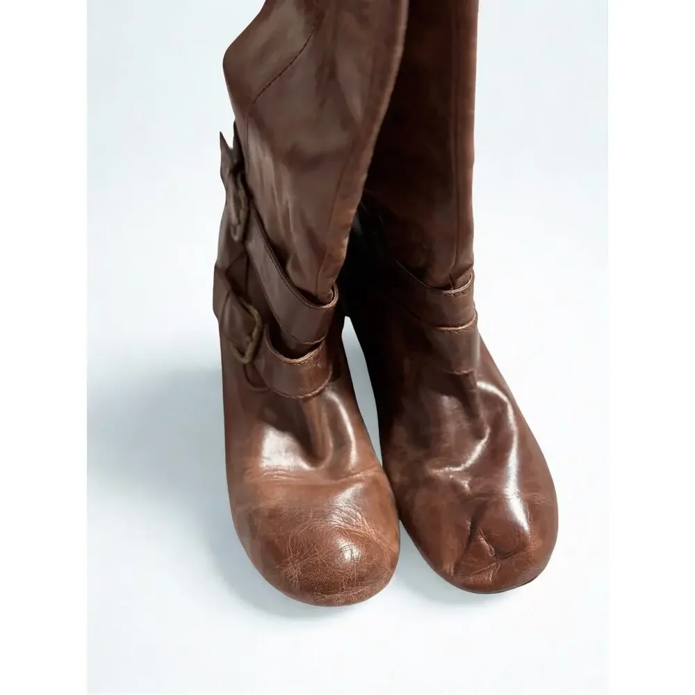 Aldo Brown Leather Slouch Calf Boots Buckle Details Size 9